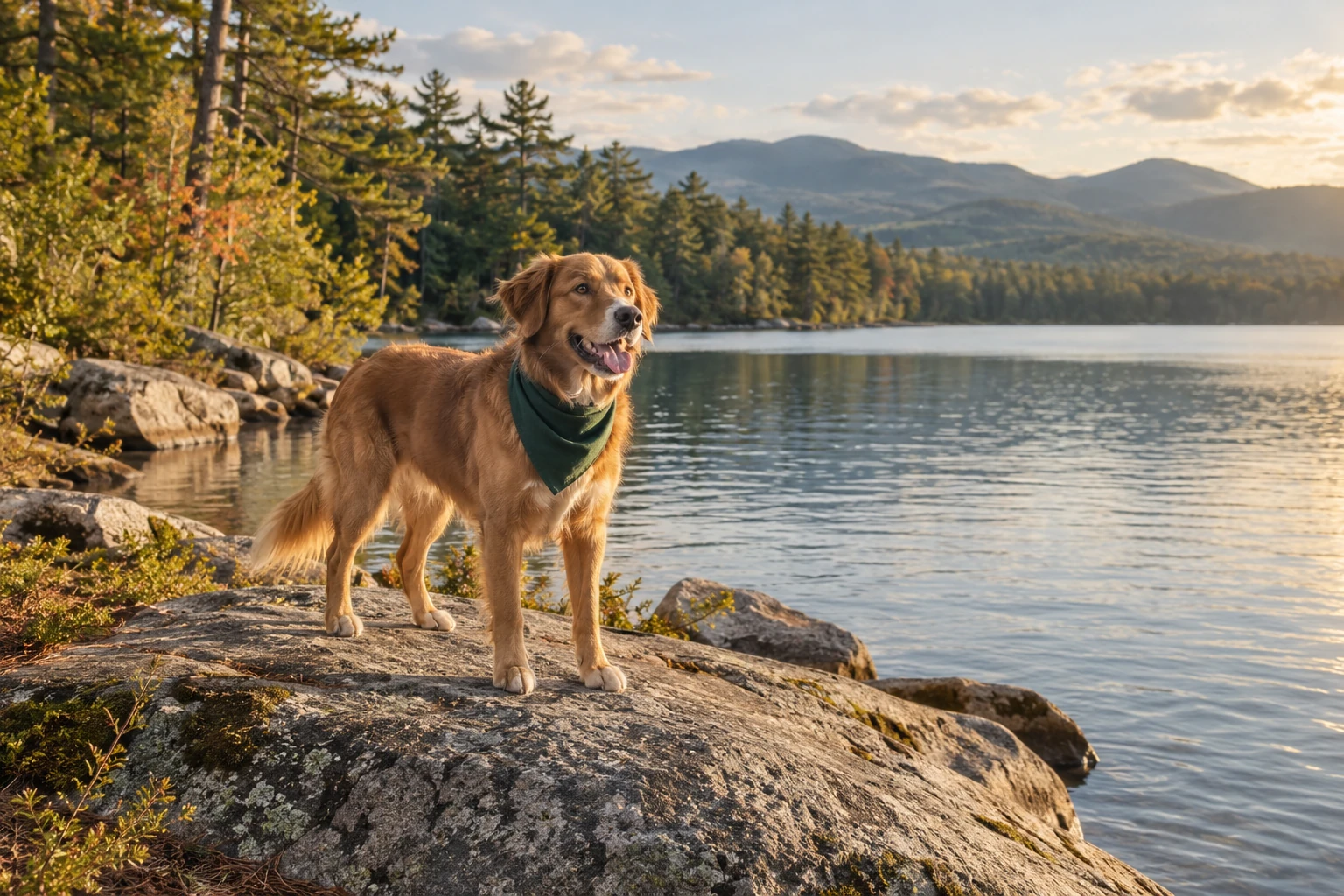 Illustrative lakeside scene of a golden dog wearing a green bandana, surrounded by granite and woodland