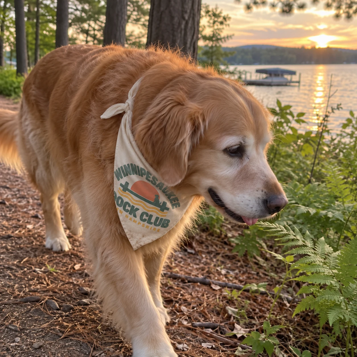 Illustrative lifestyle mockup: Winnipesaukee Dock Club Dog bandana