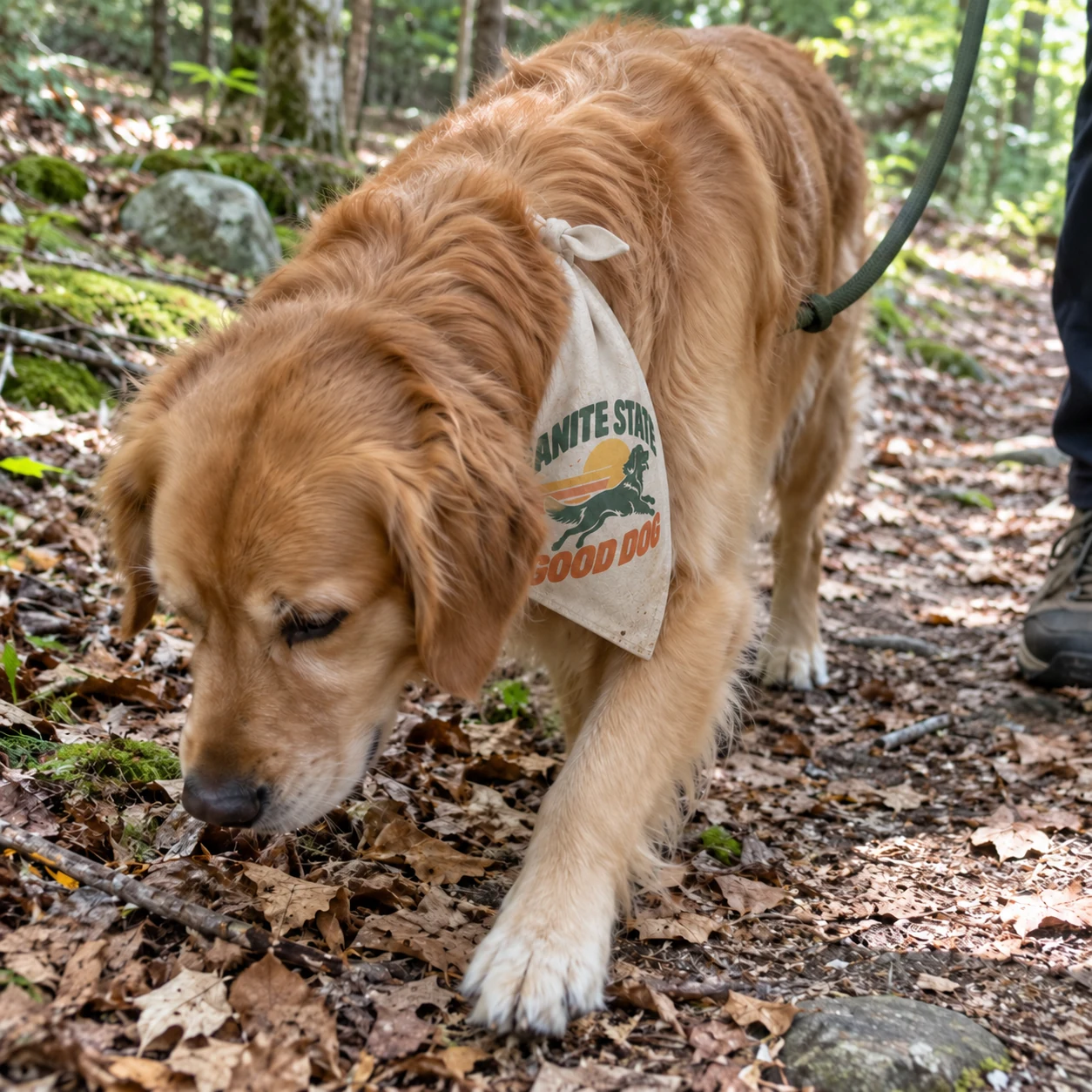Illustrative lifestyle mockup: Granite State Good Dog Dog bandana
