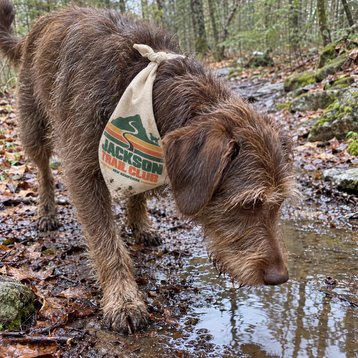 Illustrative lifestyle mockup: Jackson Trail Club Dog bandana