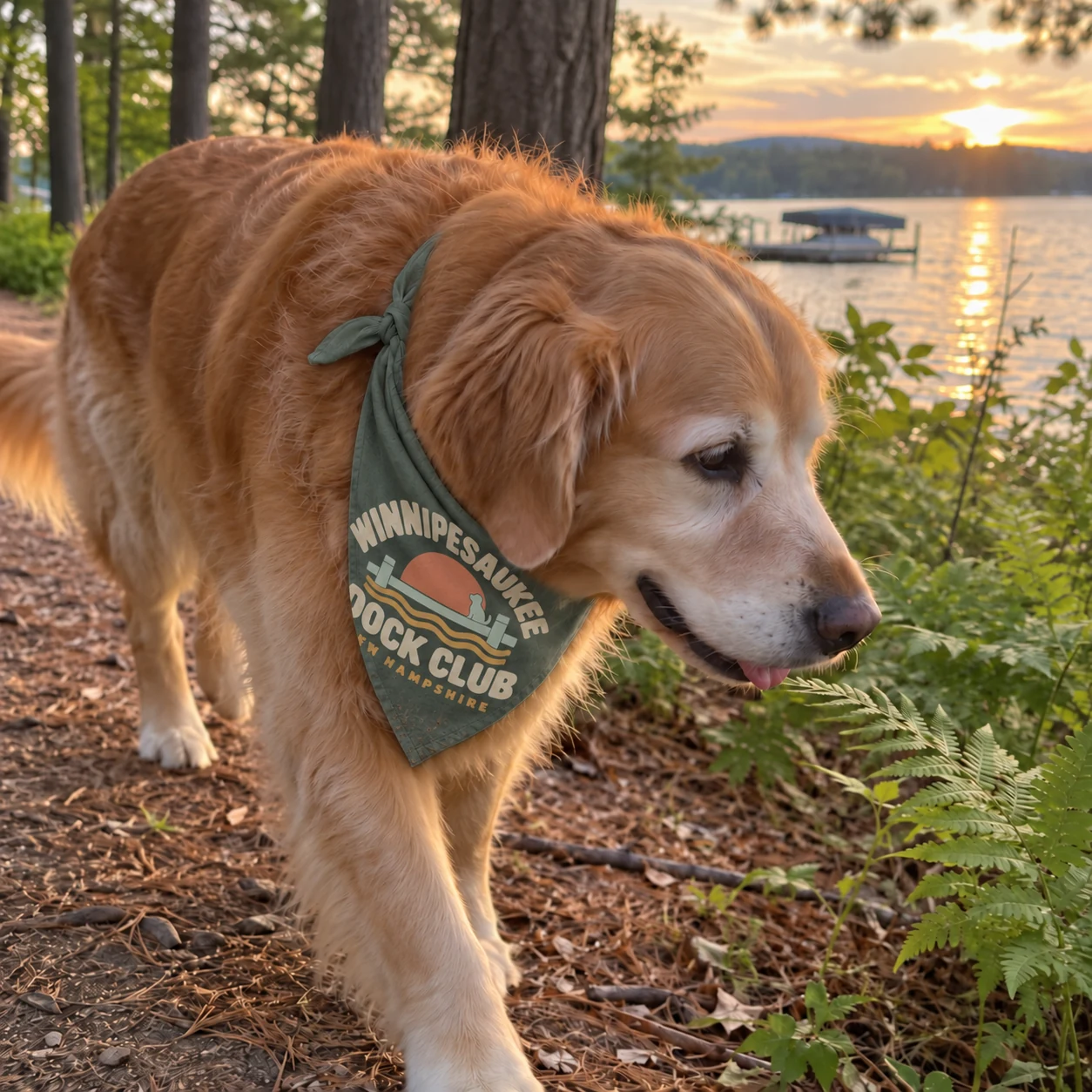 Illustrative lifestyle mockup: Winnipesaukee Dock Club Dog bandana