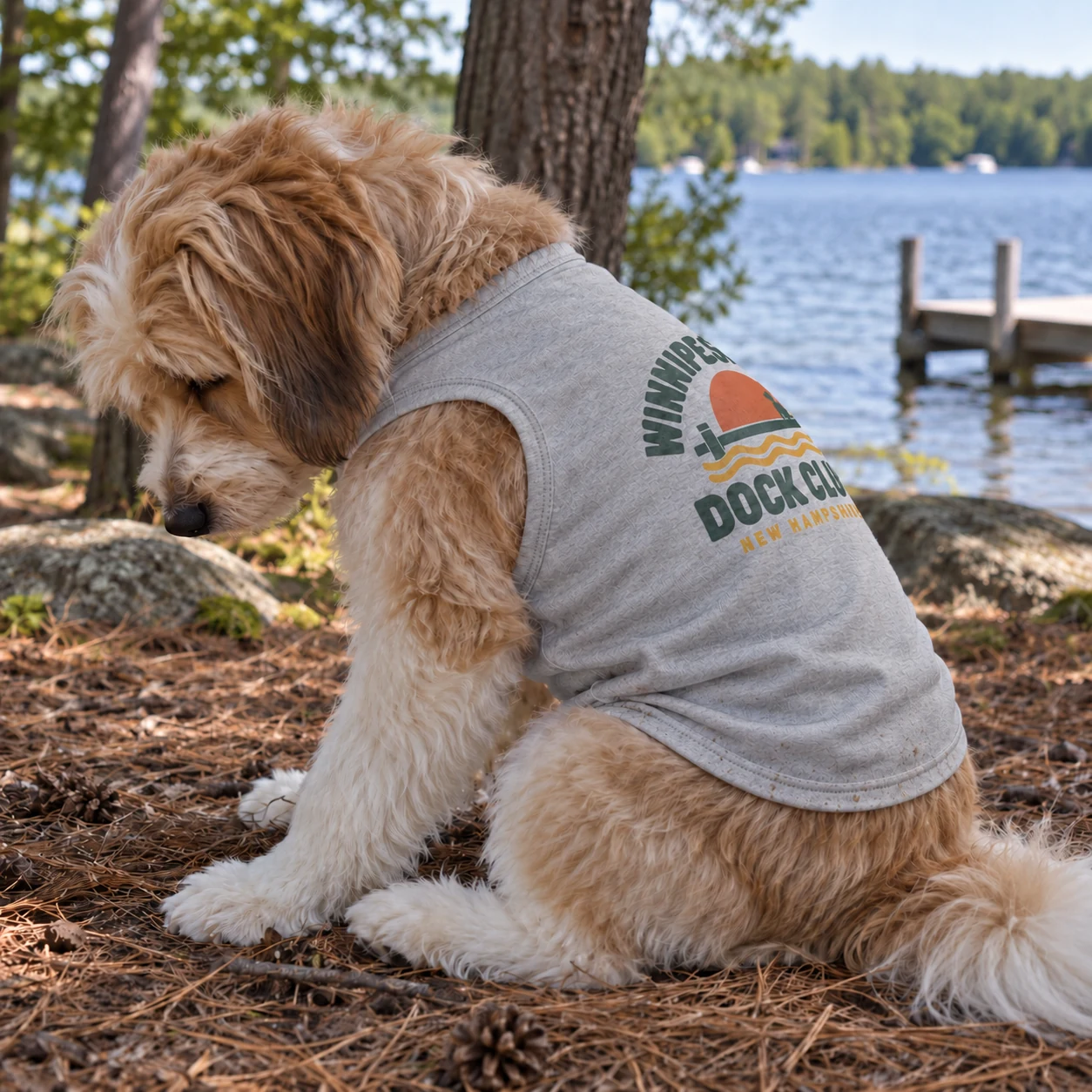 Illustrative lifestyle mockup: Winnipesaukee Dock Club Dog shirt