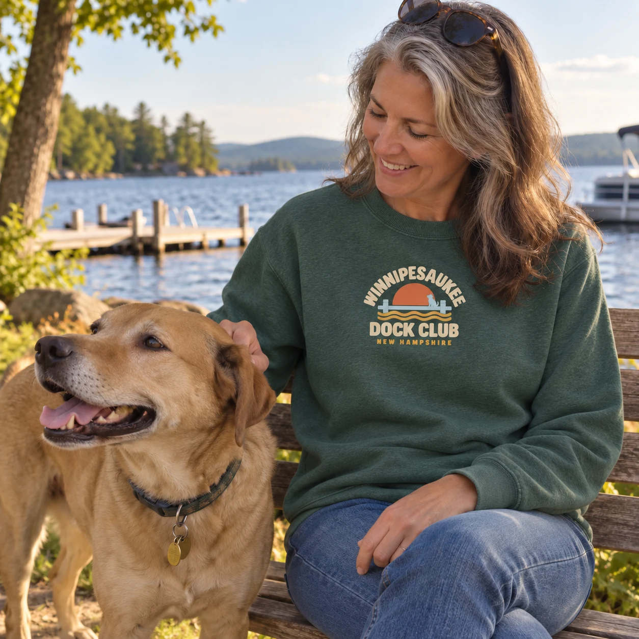 Illustrative lifestyle mockup: Winnipesaukee Dock Club Owner sweatshirt