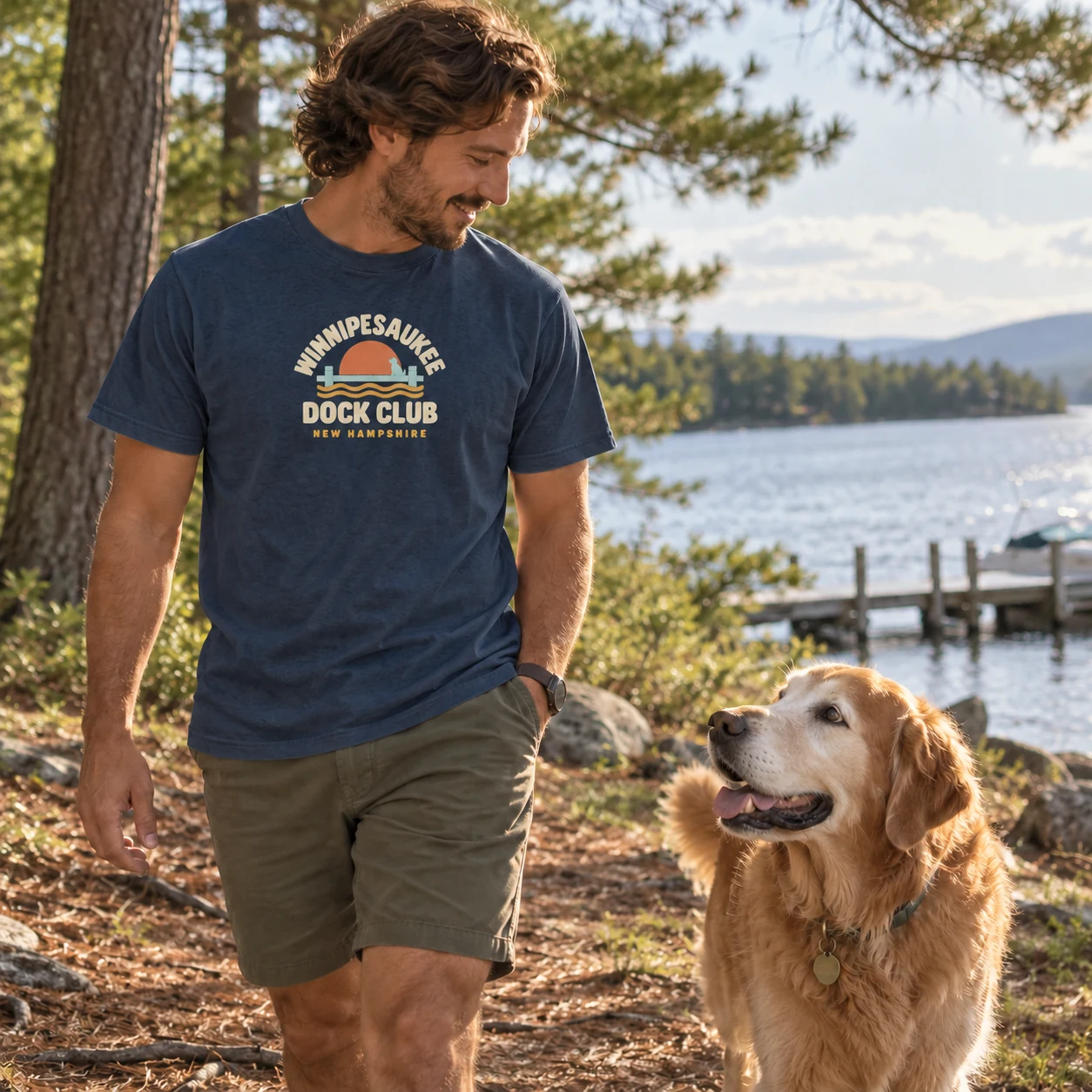 Illustrative lifestyle mockup: Winnipesaukee Dock Club Owner tee