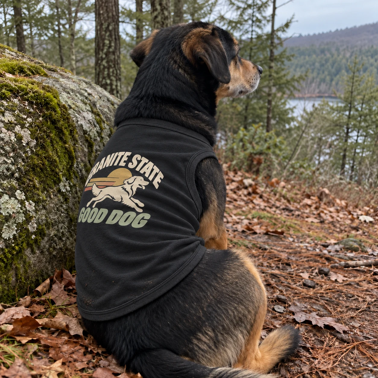 Illustrative lifestyle mockup: Granite State Good Dog Dog shirt