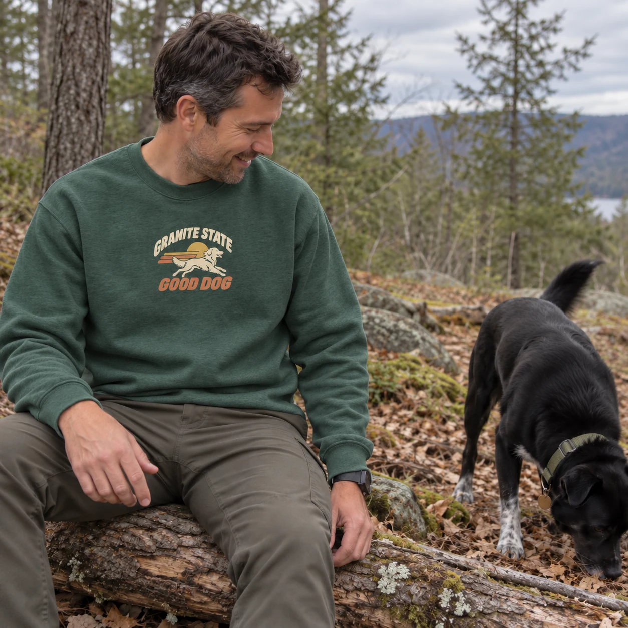 Illustrative lifestyle mockup: Granite State Good Dog Owner sweatshirt