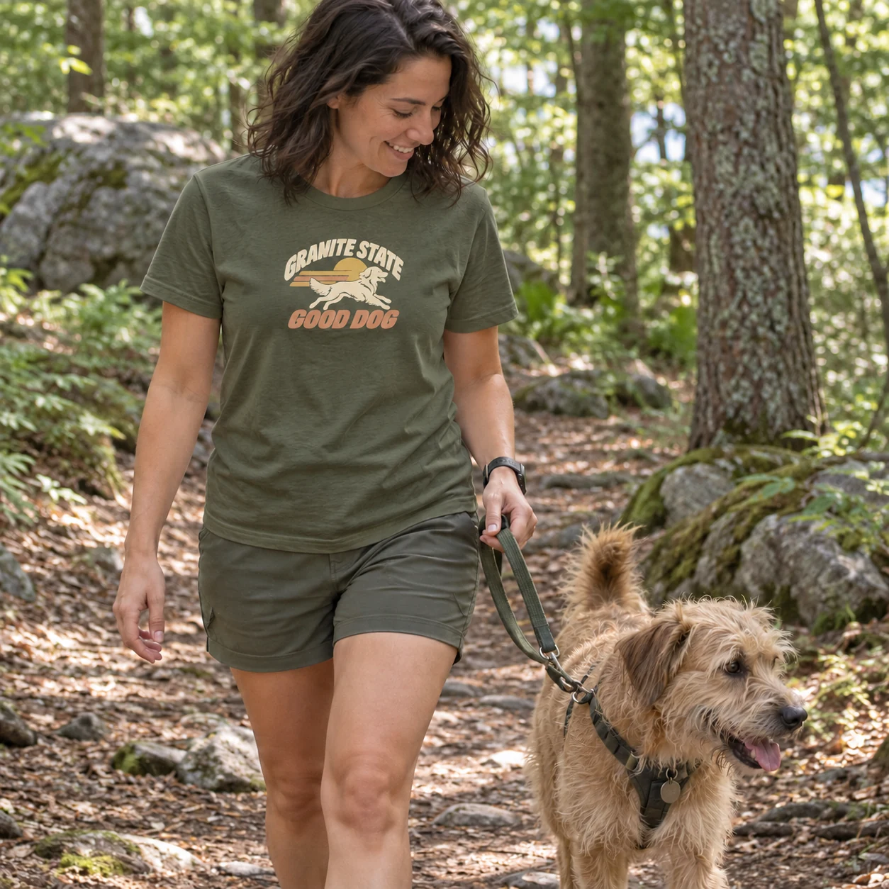 Illustrative lifestyle mockup: Granite State Good Dog Owner tee