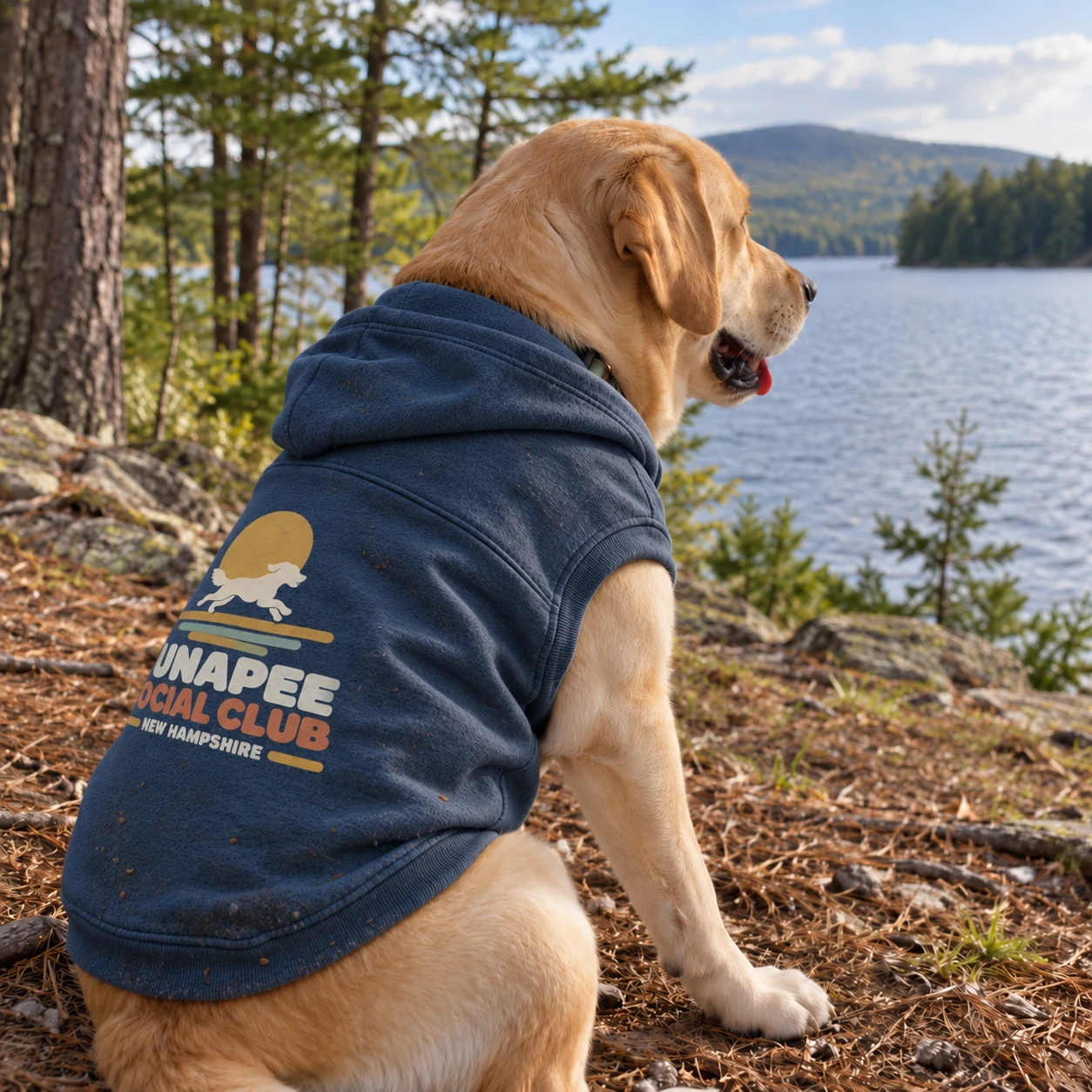 Illustrative lifestyle mockup: Sunapee Social Club Dog hoodie