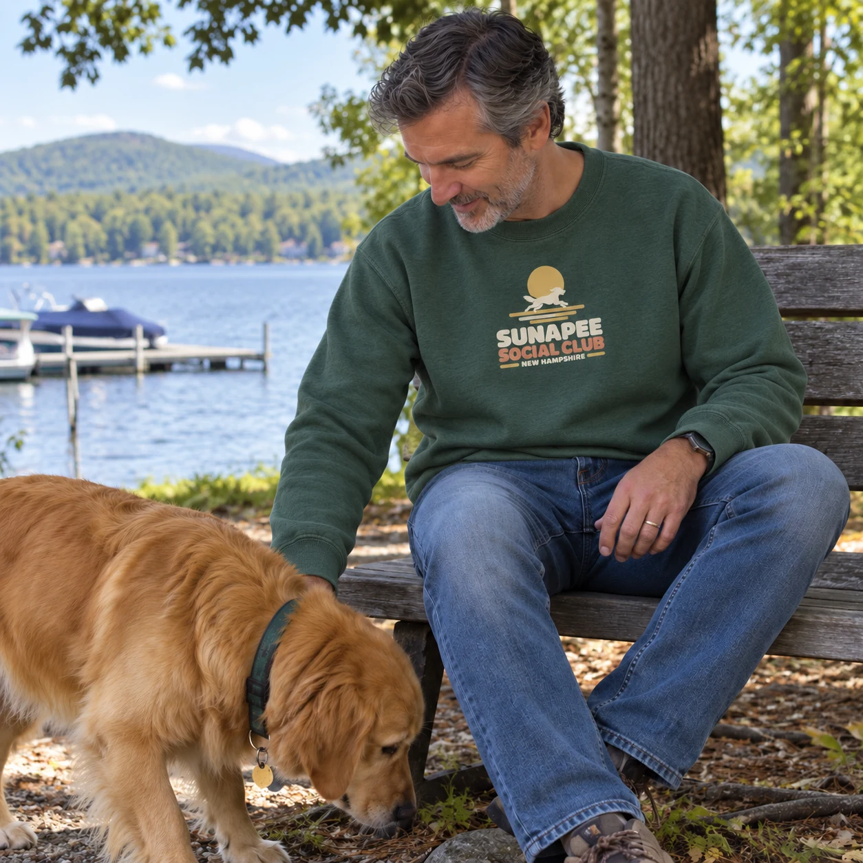 Illustrative lifestyle mockup: Sunapee Social Club Owner sweatshirt