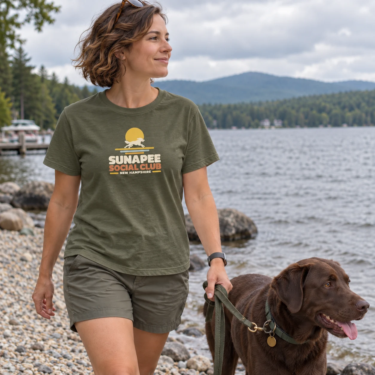 Illustrative lifestyle mockup: Sunapee Social Club Owner tee