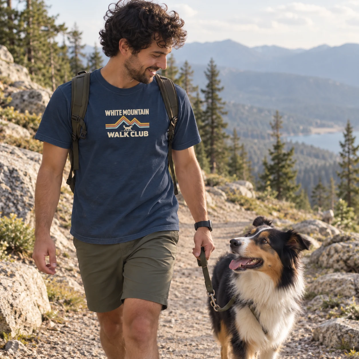 Illustrative lifestyle mockup: White Mountain Walk Club Owner tee