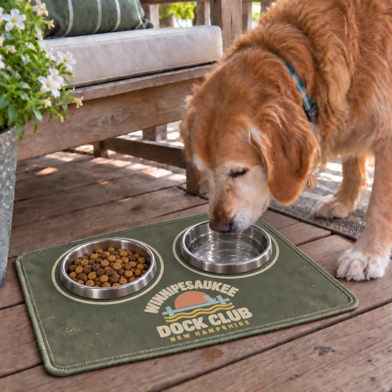 Illustrative lifestyle mockup: Winnipesaukee Dock Club Feeding mat