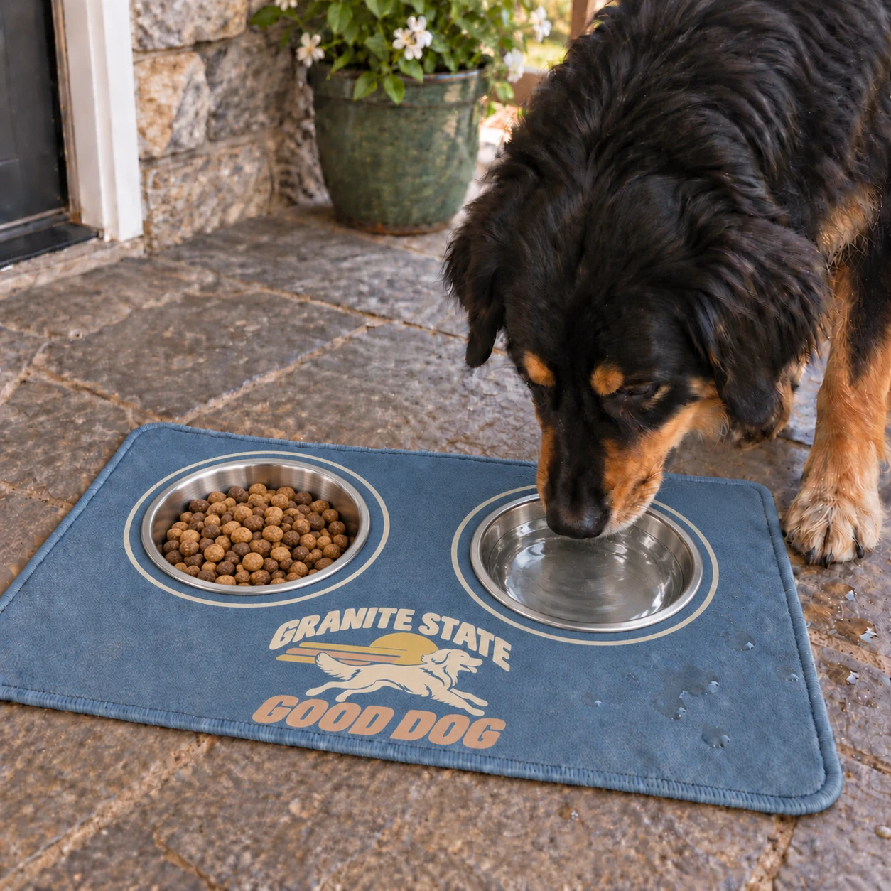 Illustrative lifestyle mockup: Granite State Good Dog Feeding mat